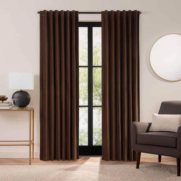 Eclipse Luxury Cotton Velvet Chocolate Solid Cotton 108 in. L x 50 in. W 100% Blackout Single Panel Rod Pocket Back Tab Curtain