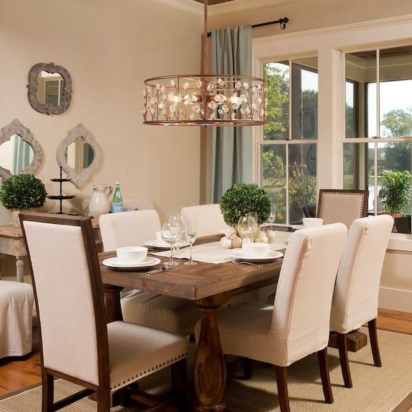 6-Light Vintage Copper Pendant Drum Chandelier with Crystal Accents