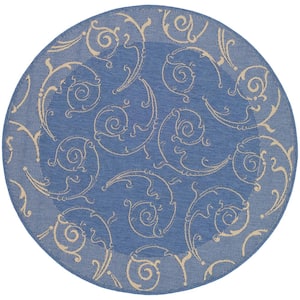 Courtyard Blue/Natural 8 ft. x 8 ft. Round Border Indoor/Outdoor Patio  Area Rug