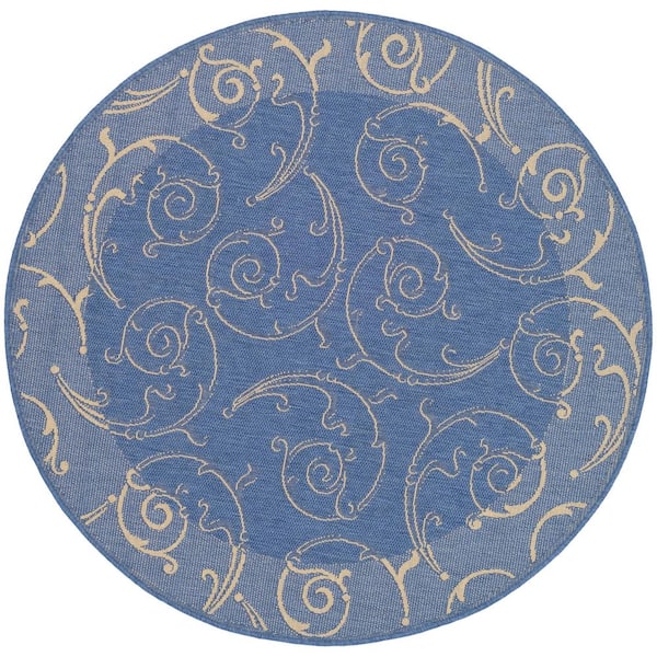 SAFAVIEH Courtyard Blue/Natural 8 ft. x 8 ft. Round Border Indoor/Outdoor Patio  Area Rug