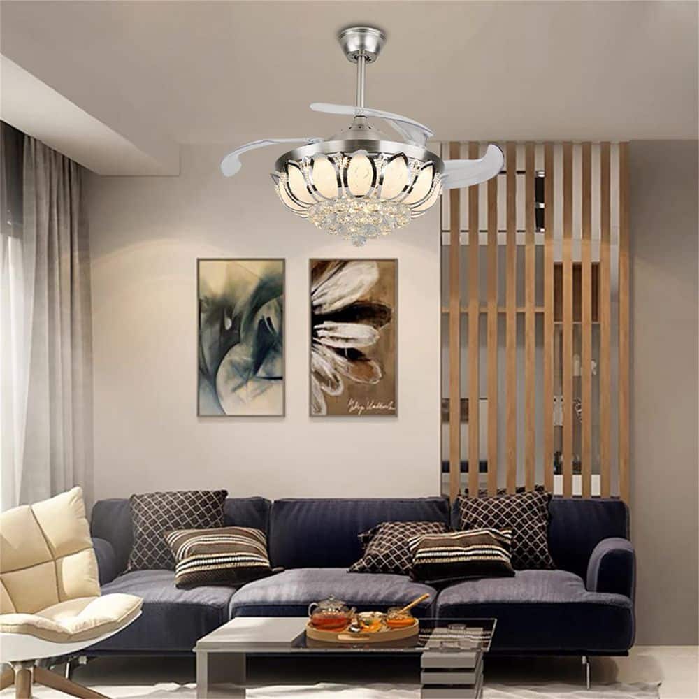 42" Silver Modern LED Crystal Chandelier Ceiling Fan with Remote