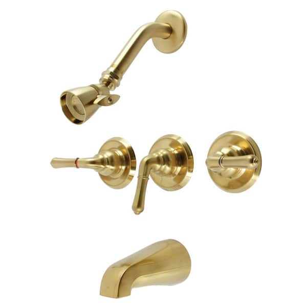 Kingston Brass Magellan Triple Handle 1-Spray Tub and Shower Faucet 2 GPM in. Brushed Brass (Valve Included)