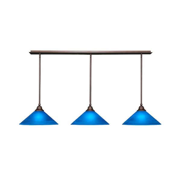 Unbranded Livingston 100-Watt 3 Light Bronze Linear Pendant Light with 16 in. Blue Italian Glass Shades No Bulbs Included