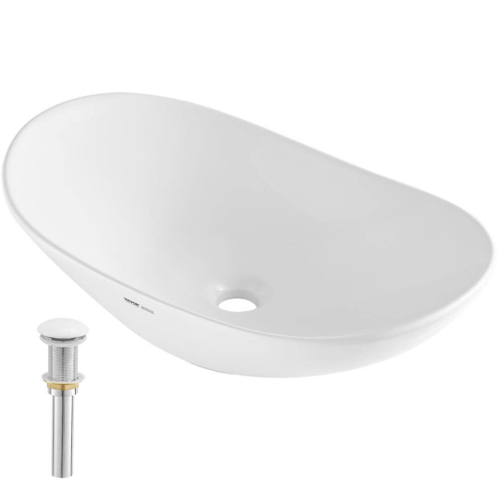 White Oval Ceramic Above-Counter Vessel Sink with Drain