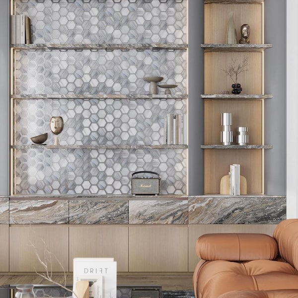 Solace 9 in. x 10 in. Matte Silver Stormy Gray Glass Mosaic Hexagon Wall and Floor Tile (3.28 sq. ft./case)-5 Pack
