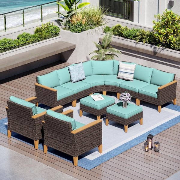 PHI VILLA Brown Rattan Wicker 10 Seat 10-Piece Steel Outdoor Patio Conversation Set with Blue Cushions