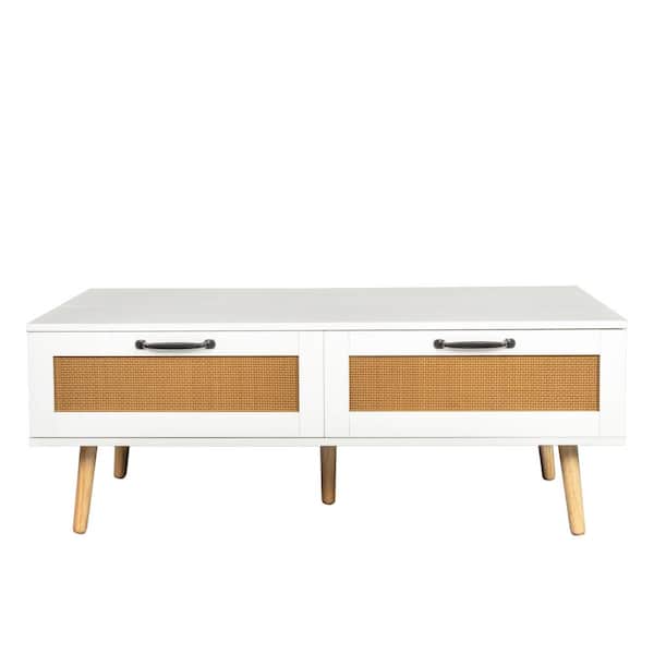 JASIWAY 47.24 in. White Rectangle Shape Wood Top Coffee Table with 2 ...