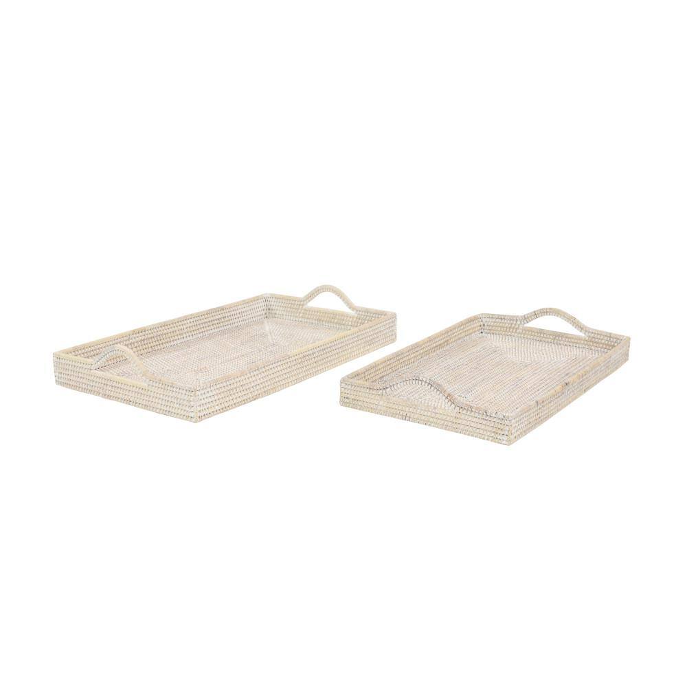 Cream Rectangular Rattan 2-Piece Decorative Tray Set