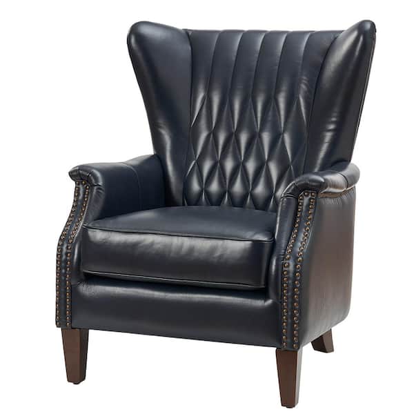 JAYDEN CREATION Valerius Navy Genuine Leather Armchair with Nailhead Trims and Solid Wood Legs