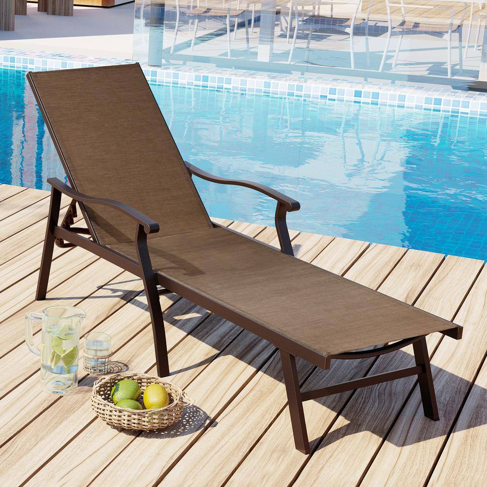 Elegant Brown Aluminum Adjustable Outdoor Chaise Lounge with Curved Armrests