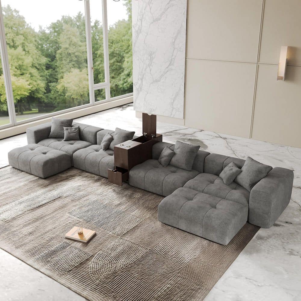 183 in. Oversized Square Arm Linen U Shaped Modular Sectional Sofa 4-Seater with 2-Ottomans in. Gray