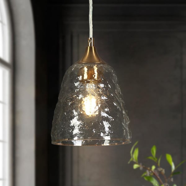 LNC Modern 60-Watt 1-Light Plating Brass Bell Pendant Light with Textured Glass Shade and No Bulbs Included