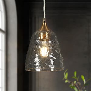Modern 60-Watt 1-Light Plating Brass Bell Pendant Light with Textured Glass Shade and No Bulbs Included