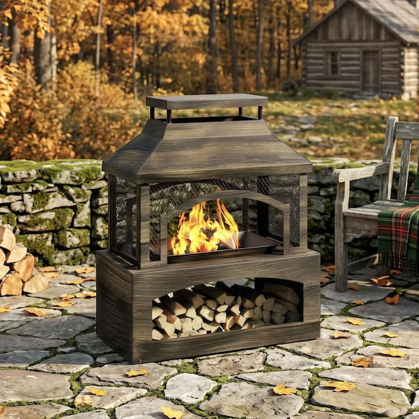Bestier 37 in. Steel Outdoor Wood Burning Fireplace with Wood