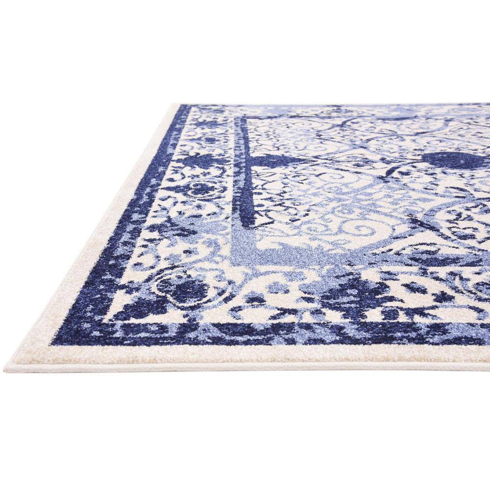 Ivory and Blue Square Stain-Resistant Synthetic Rug, 6' x 6'