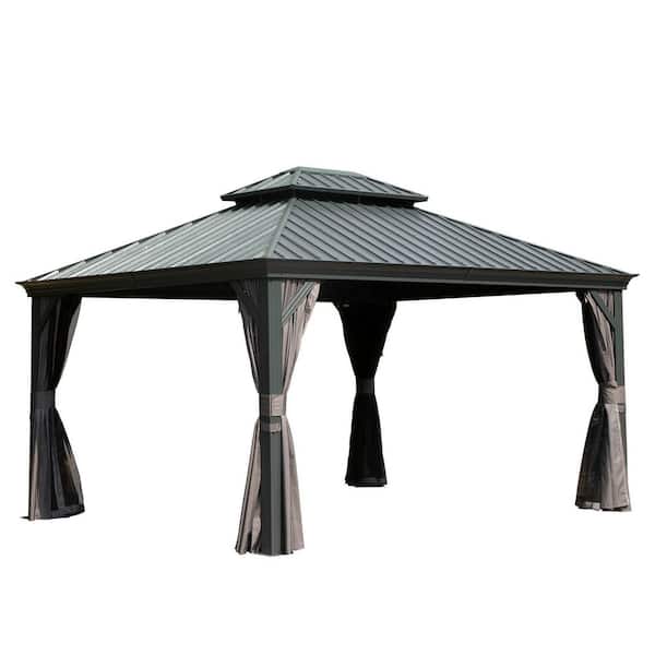 12 ft. x 14 ft. Outdoor Gray Aluminum Frame Galvanized Steel Hardtop Gazebo with Curtains and Netting