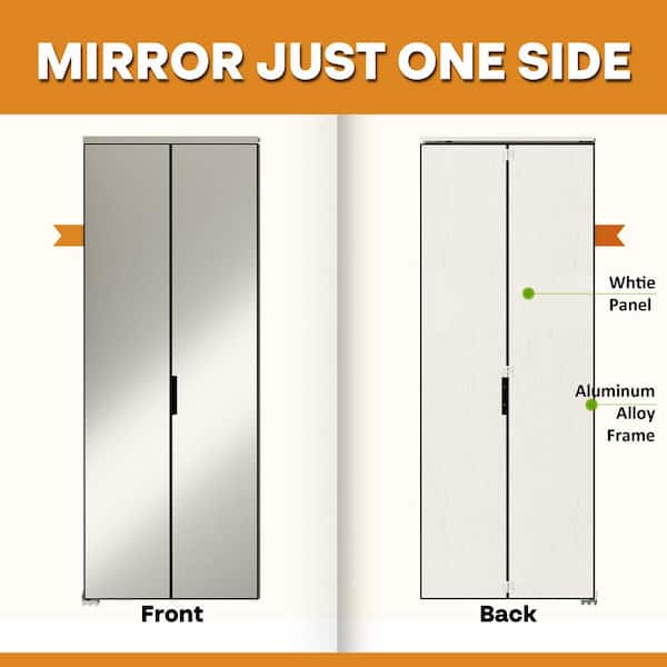 60 in. x 80 in. Mirrored Glass, White, Hollow Core, MDF, Aluminum Frame, Full Lite Bi-Fold Doors with Hardware Kits
