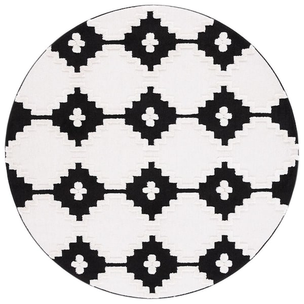 Marrakesh 7 ft. x 7 ft. Ivory/Anthracite Geometric Diamond High-Low Round Area Rug