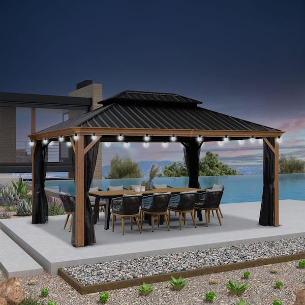 PURPLE LEAF 12 ft. x 16 ft.Wood Grain Patio Outdoor Gazebo for Backyard Hardtop Aluminum Frame with Hooks, Upgrade Netting 24-Lights