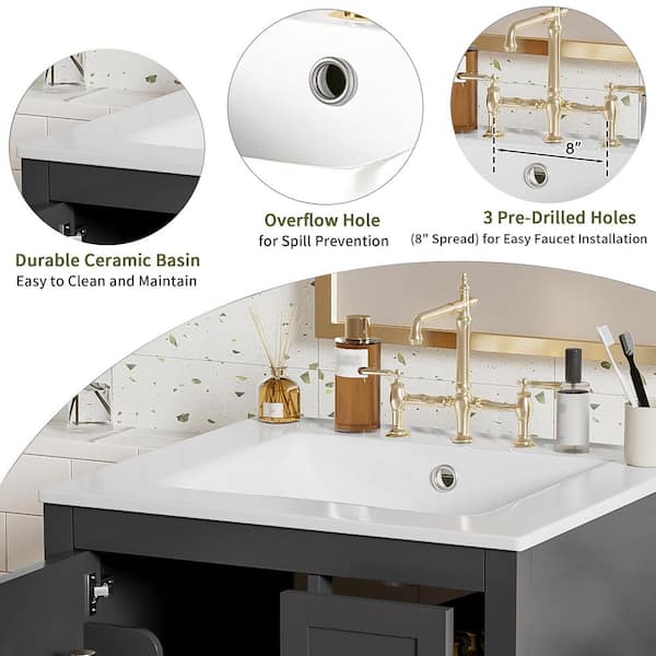 FAMYYT 24 in.W Single Sink Freestanding Black Solid Wood Frame