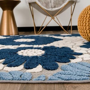 Palermo Navy 5 ft. x 7 ft. Modern Floral Flowers Indoor/Outdoor Area Rug