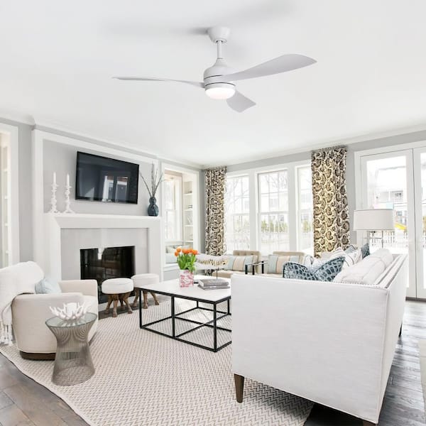 52 in. Indoor/Outdoor White LED Downrod Ceiling Fan with 3-White Blades, Light Kits, Reversible DC Motor and Remote