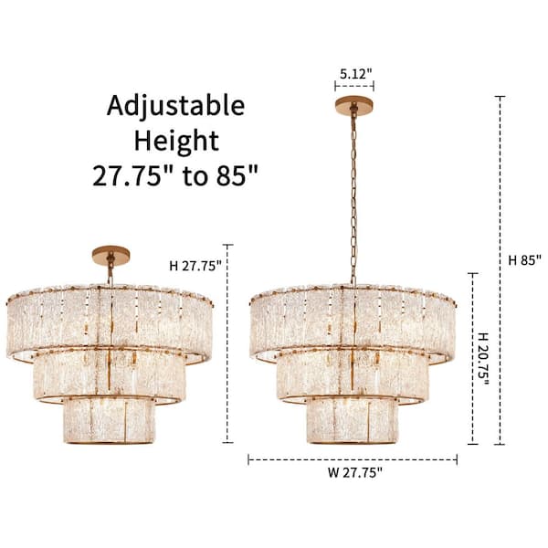 KAWOTI 8-Light Distressed Gold 3-Tiered Chandelier Light Fixture