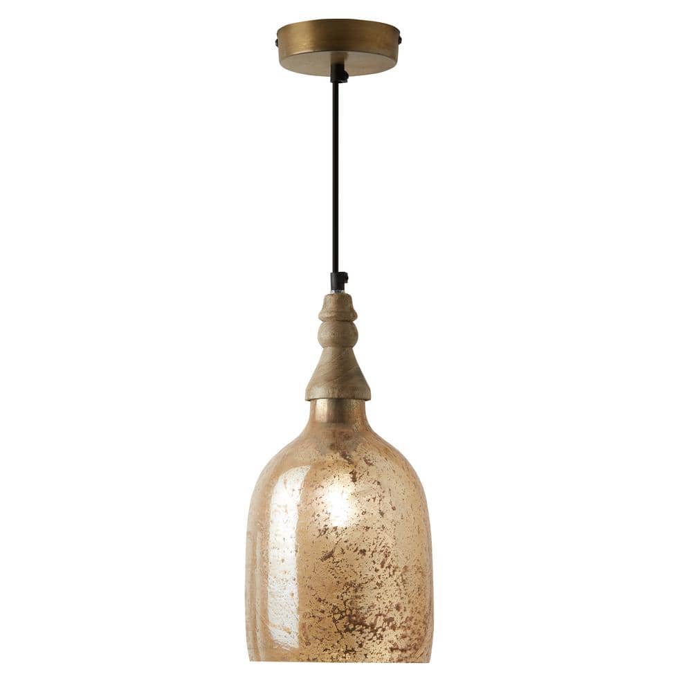 River of Goods Abrielle 7-in. 1-Light Bell-Shaped Glass Shade Pendant Lamp with Mango Wood Accent 20354