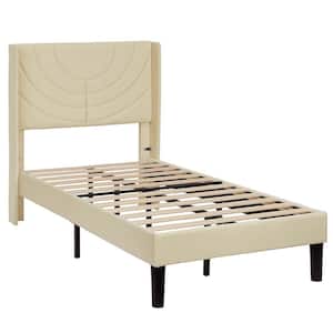 Upholstered Bed Beige Metal Frame Twin Platform Bed with Headboard Wood Slat Support