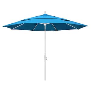 11 ft. Matted White Aluminum Market Patio Umbrella with Crank Lift in Canvas Cyan Sunbrella