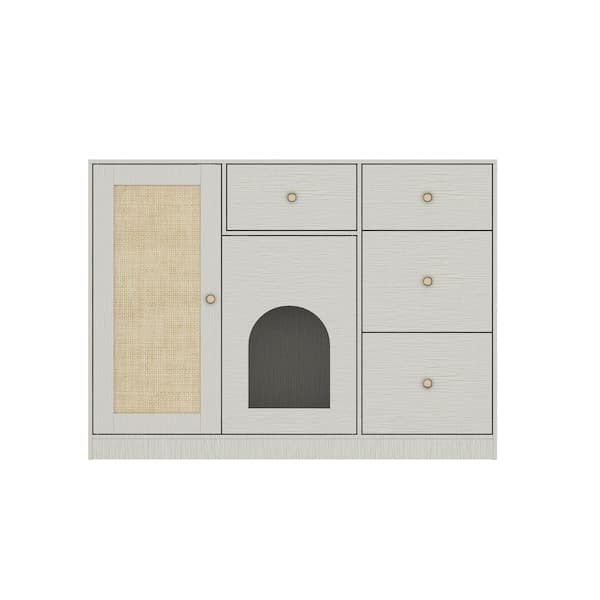 FUFU&GAGA Modern Litter Box Enclosure Storage Cabinet with 4 Drawers, Wooden Hidden Cat Washroom with Sisal Door and 2-Cat Holes