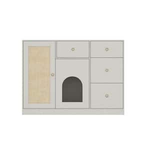 Modern Litter Box Enclosure Storage Cabinet with 4 Drawers, Wooden Hidden Cat Washroom with Sisal Door and 2-Cat Holes