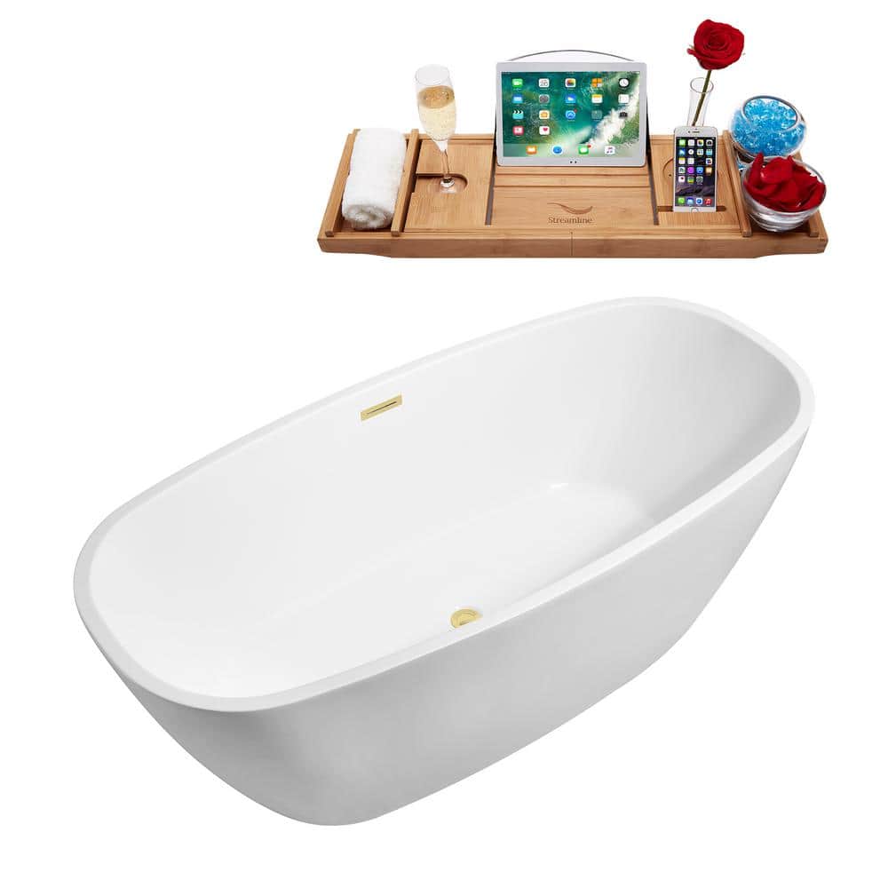 59" Glossy White Acrylic Freestanding Soaking Bathtub with Polished Brass Drain