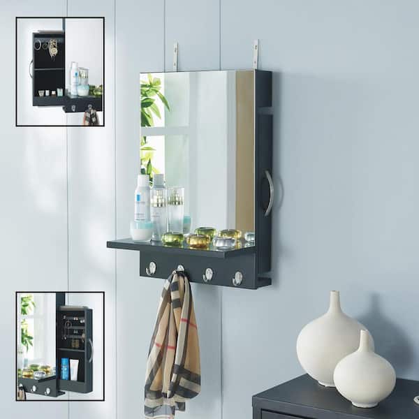 DANYA B Urban Black Cabinet Mirror with Hidden Sliding Jewelry Door and Hanging Hooks
