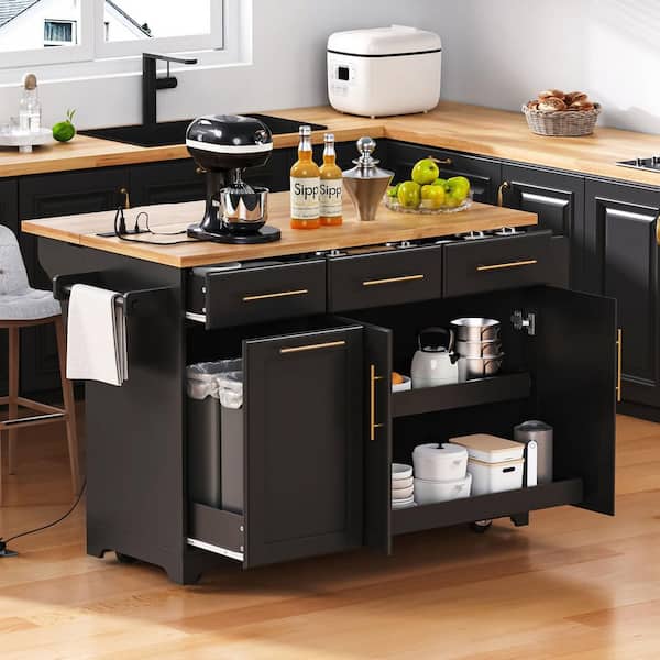 PDTEND Black Rubber Wood 59.3 in. W Kitchen Island with Trash Can Storage, Power Outlet, Spice and Towel Rack for Kitchen