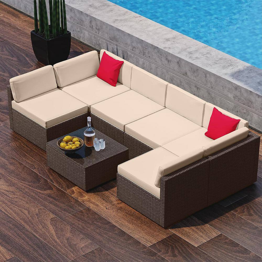 HEARTH & HARBOR 7Piece Brown Wicker Outdoor Sectional Patio Furniture