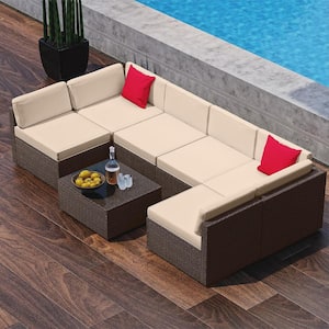 7-Piece Brown Wicker Outdoor Sectional Patio Furniture Corner Sofa Set and Coffee Table with Beige Cushions