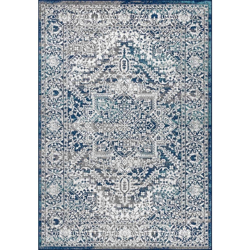 Navy and Light Grey Synthetic Medallion 4' x 6' Area Rug