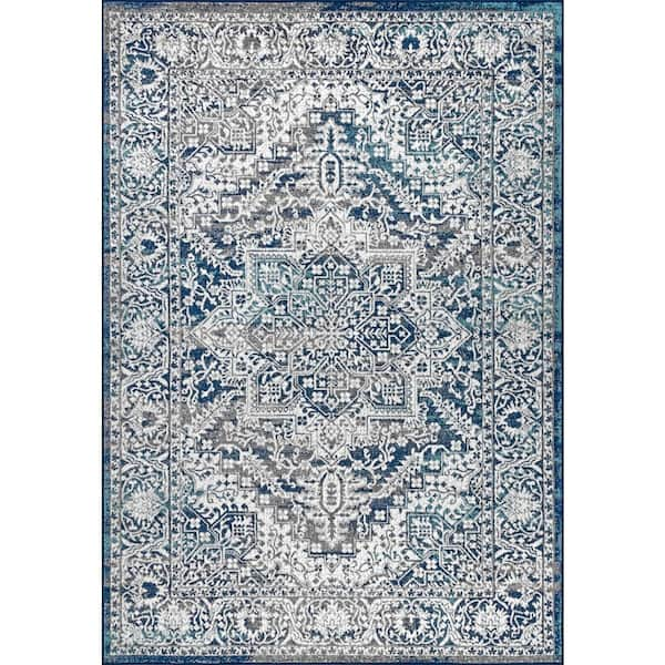 Modern Persian Vintage Medallion Navy /Light Gray 8 ft. x 10 ft. Area Rug