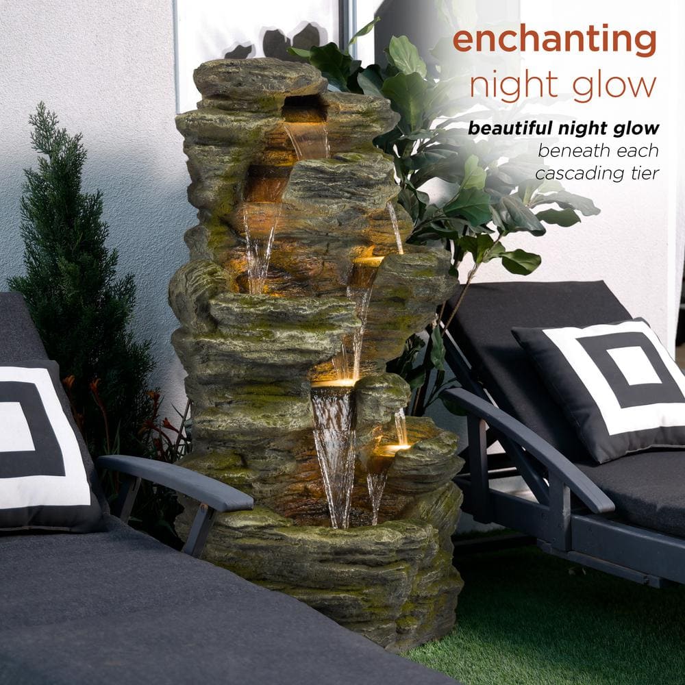 Alpine Cascading Rock Fountain with LED Light, 51" Tall