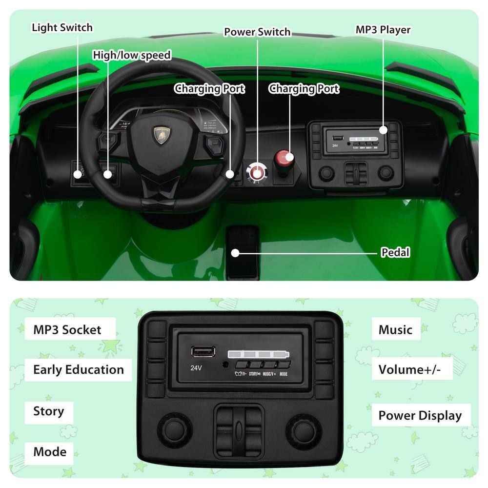 24V Green Lamborghini Ride-On Car with Dual Motors and Remote Control