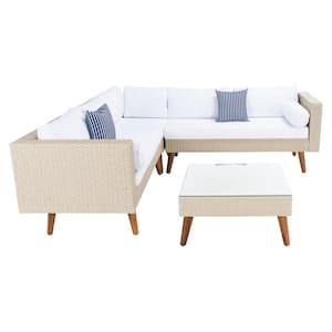 Analon Beige 3-Piece Wicker Patio Conversation Set with White Cushions