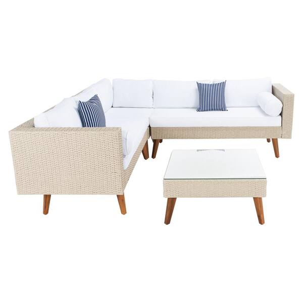 SAFAVIEH Analon Beige 3-Piece Wicker Patio Conversation Set with White Cushions