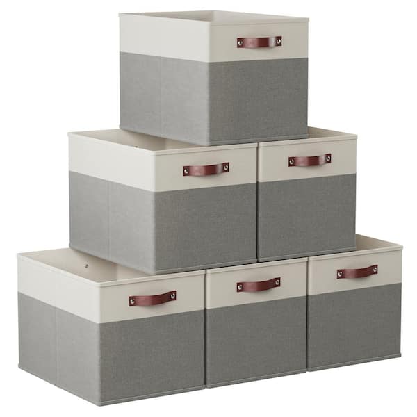 Ornavo Home Foldable Kallax Storage Bins Linen Shelf Basket Cube with Leather Handles 6-Pack