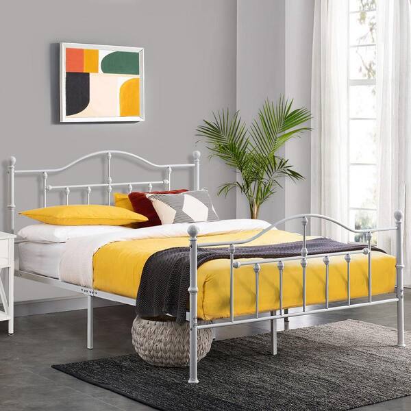 VECELO Queen Size Victorian Style Metal Bed Frame with Headboard Mattress Foundation Under Bed Storage 60 W White KHD YT Q01 UW The Home Depot