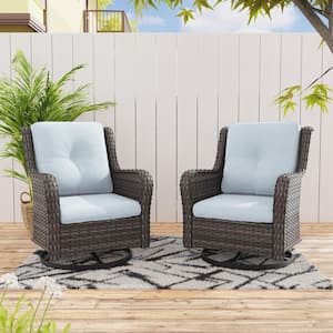 Wicker Outdoor Rocking Chair Patio Swivel with Baby Blue Cushions (2-Pack)