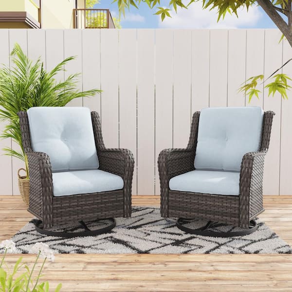 JOYSIDE Wicker Outdoor Rocking Chair Patio Swivel with Baby Blue Cushions (2-Pack)