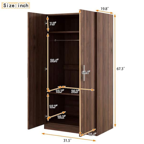 2-Door Brown Wood 31.50 in. Wardrobe Armoire with 3 Storage