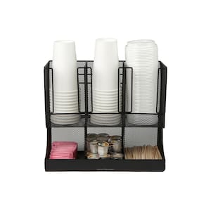 Flume 6-Compartment Coffee Condiment and Cup Organizer, Black Metal Mesh