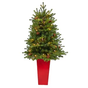 3.5 ft. Yukon Mountain Fir Artificial Christmas Tree with 50 Clear Lights and Pine Cones in Red Planter